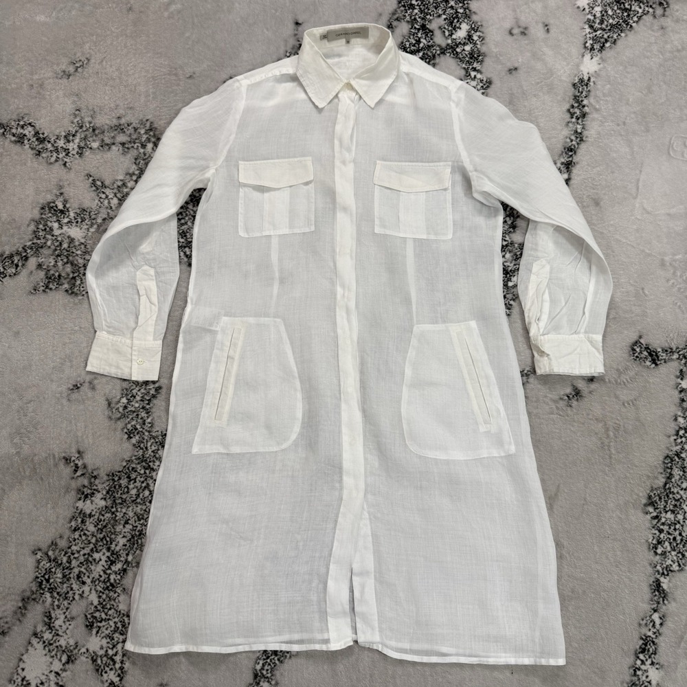 Gerard Darel Womens 38 White 100 Ramie Shirt Dress Long Sleeve Sz 4 Pocket Tunic